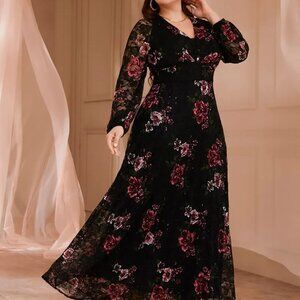 Toleen Plus Size Floral Black Lace Maxi Dress Whimsigoth Long Sleeve 3XL